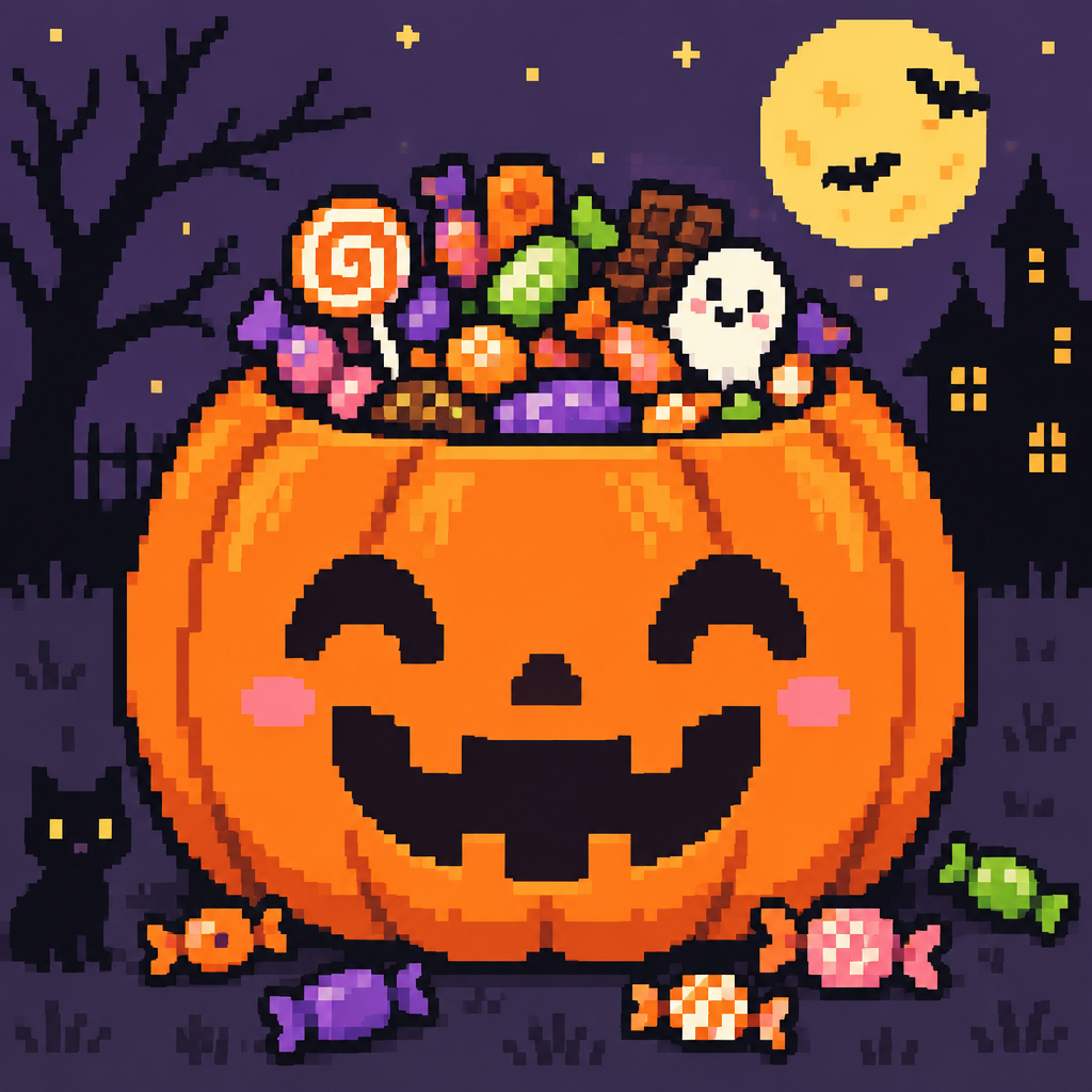 Cute kawaii giant jack-o’-lantern filled with candy