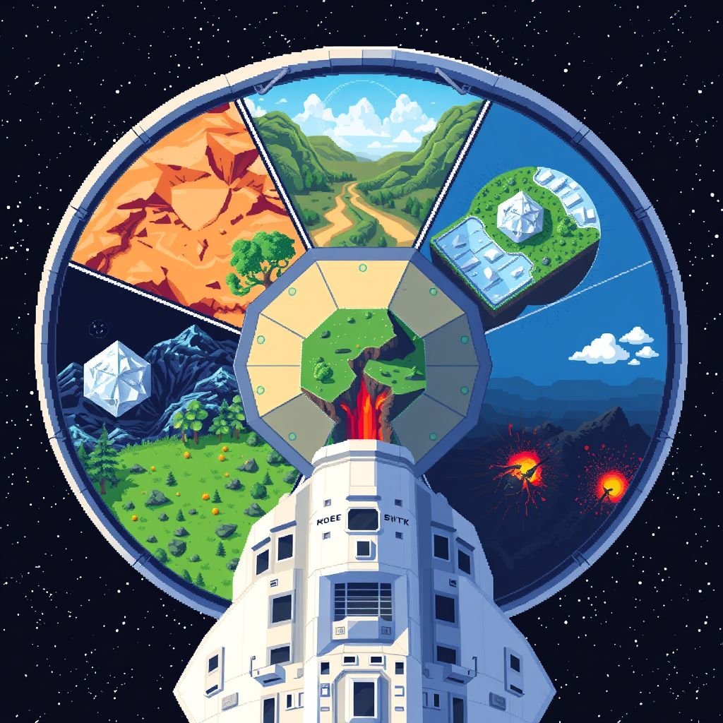 6 connected geodesic half domes in space, structurally attached to a large white spaceship. Each dome shows a different environment inside: desert, forest, ice, grassland, oceanic and volcanic. Background should be a star field in space. The viewpoint is from the front and above the spaceship, with the half domes only visible in the background.