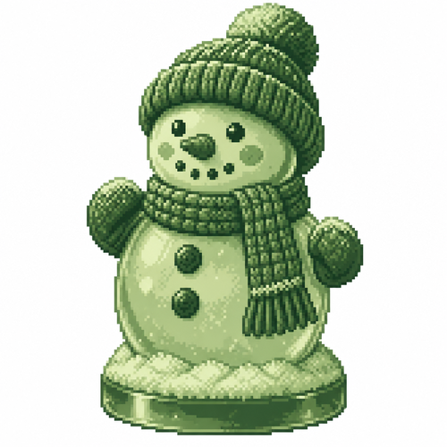 A resin snowman collectible with realistic knit accessories and granular snow texture. White background 