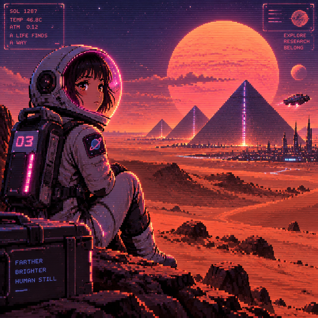 Young girl astronaut on a desert planet with pyramids in the distance