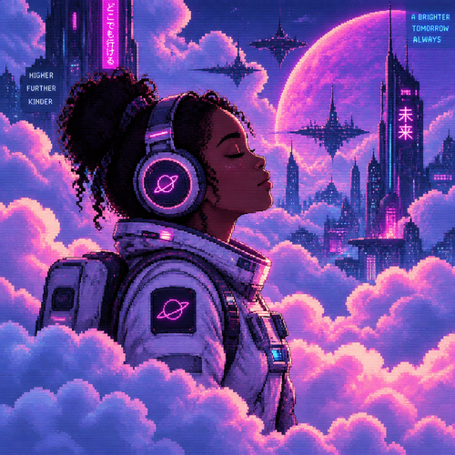 Profile of Young dark skin astronaut girl with headphones and eyes closed standing surrounded by a Lot of puffy clouds.