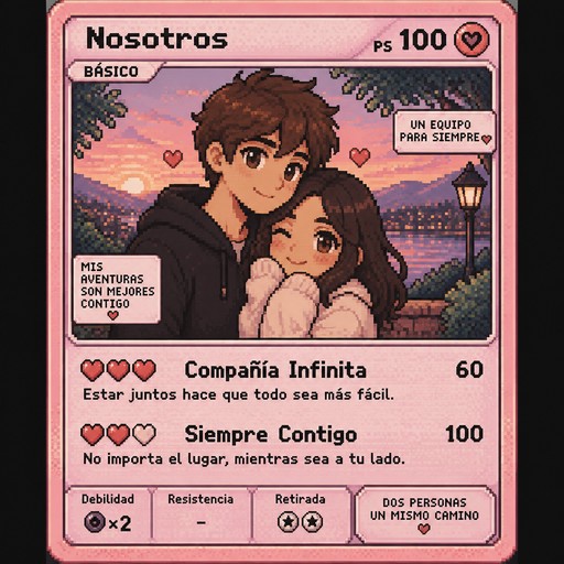 Quiero que hagas una ilustración de mi novio y de mí con un estilo de carta Pokémon, inspirada en el estilo pixel art de la imagen de referencia.

Mi novio es un poco más alto que yo, tiene la piel clara, el pelo moreno pero ligeramente más claro que el mío y los ojos marrones.

Yo soy un poquito más morena que él, tengo el pelo moreno hasta los hombros y los ojos marrones.

Quiero que aparezcamos juntos, de forma tierna y bonita, manteniendo el estilo pixel art de la imagen de referencia. La ilustración debe parecer una carta Pokémon personalizada, con un fondo bonito y detalles románticos como corazones, pero sin perder el aspecto de videojuego retro.