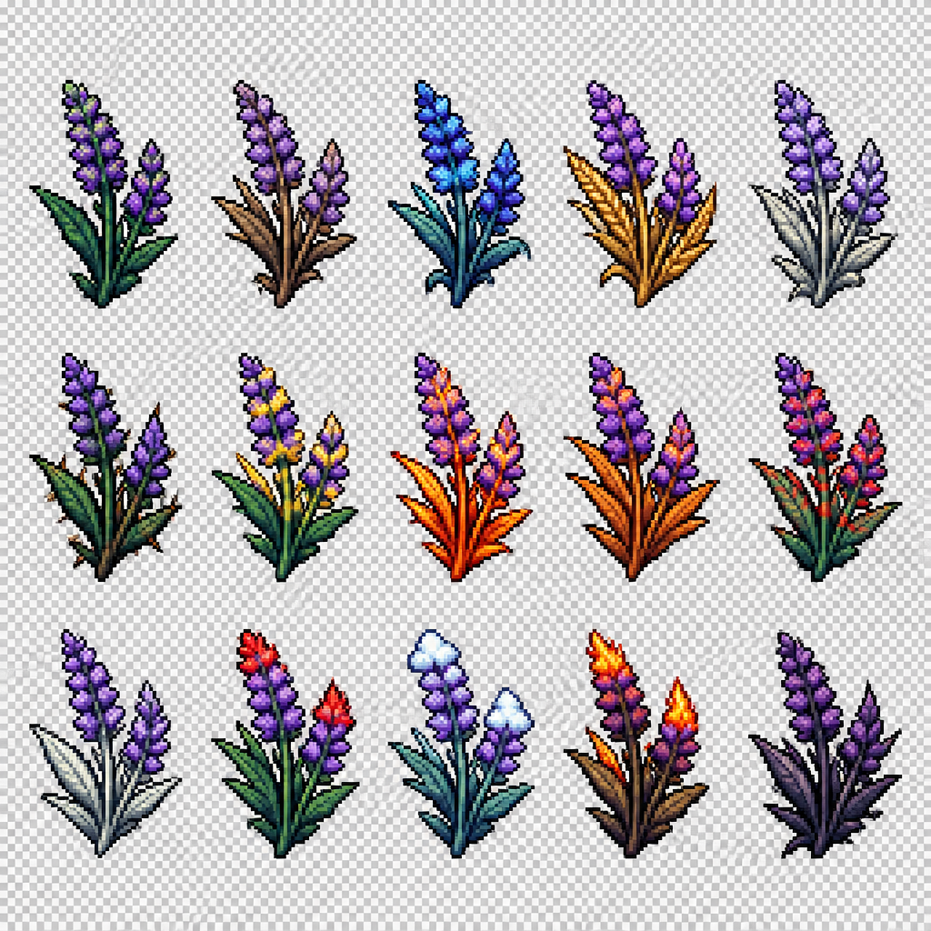 Create a 2D pixel art sprite sheet featuring 15 individual icons each exactly 32x32 pixels, arranged 5 horizontally and 3 vertically spaced evenly. Style: classic fantasy RPG, inspired by 16bit games, with crisp pixel art, clean outlines, subtle shading, and a cohesive color palette. Use a transparent background. Each Icon should be centered within its 32x32 canvas and remain highly readable at small sizes.
The 15 icons are:
1: Green Speckled Lavender
2: Prairie Braised Lavender
3: Blue Ocean Lavender
4: Grain Rift Lavender
5: Limestone Lavender
6: Thorny Lavender
7: Yellow Tinged Lavender
8: Fire Stalk Lavender
9: Burnt Orange Lavender
10: Red Stripes Lavender
11: White Leafed Lavender
12: Red Tipped Lavender
13: Cloudy Top Lavender
14: Fire Dipped Lavender
15: Darkness Spiked Lavender
Requirements:
• Each icon must be exactly 32x32 pixels.
• All based off of real life variants.
• All facing sideways so you see the side of their bodies.
• Output as a sprite sheet with each icon occupying its own 32x32 cell** DO NOT GO OUT PAST THESE PARAMETERs**
• Transparent background.
• No text, labels, borders, or UI elements.
• Consistent Fantasy RPG Aesthetic across all icons.
• High contrast and excellent readability for use in a game interface.
• Clean polished pixel art with enough detail for low resolution sprites.
• Avoid anti-aliasing, blurring, or painterly effects; preserve a true pixel art appearance.