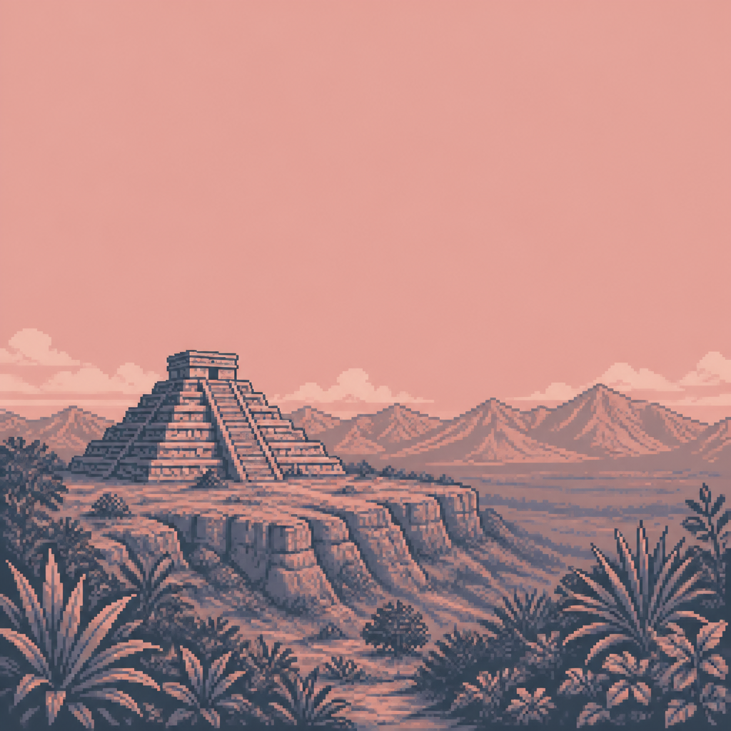 retro pixel art style, dusty rose and slate palette only (2-3 tones maximum), a stepped stone
pyramid on a high arid plateau, distant mountain ridgeline, lush plant life earth in the
foreground, empty of people and animals, wide open sky for overlay, no text