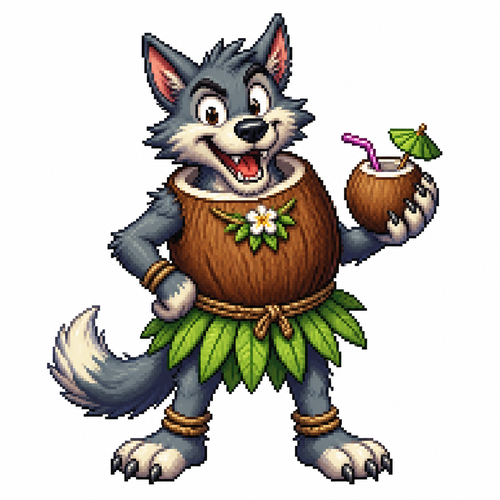 Cartoon coconut wolf, full body, white background