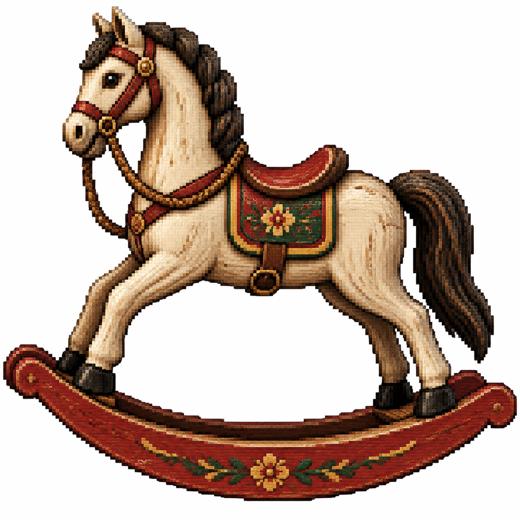 High contrast image on a white background of a vintage, rocking horse, ornament with painted wood, grains, and braided reins
