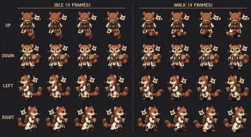 Pixel art sprite sheet of a person walking in four directions on a dark background.