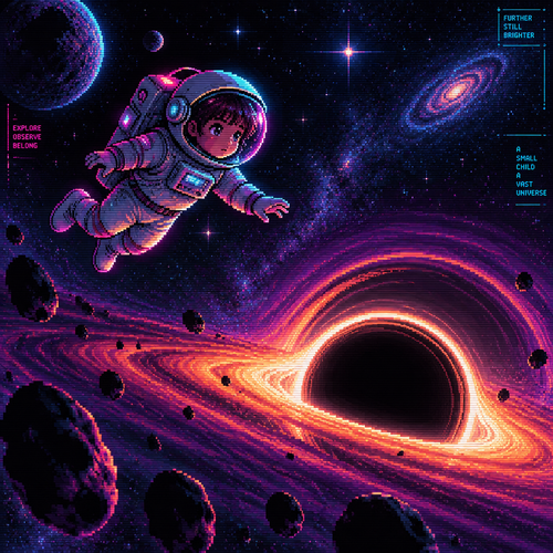 Child astronaut floats above a black hole surrounded by stars
