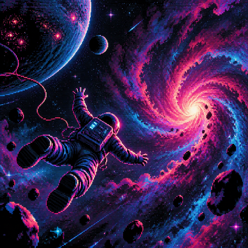 Astronaut falling into a nebula in deep space. A planet is seen as well