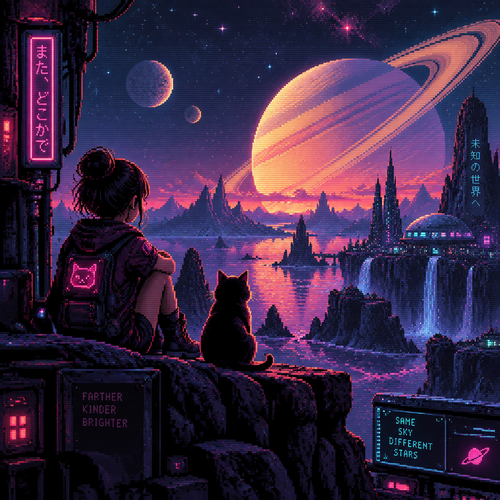 A young girl and her cat watch saturn rising in the distance from an alien world