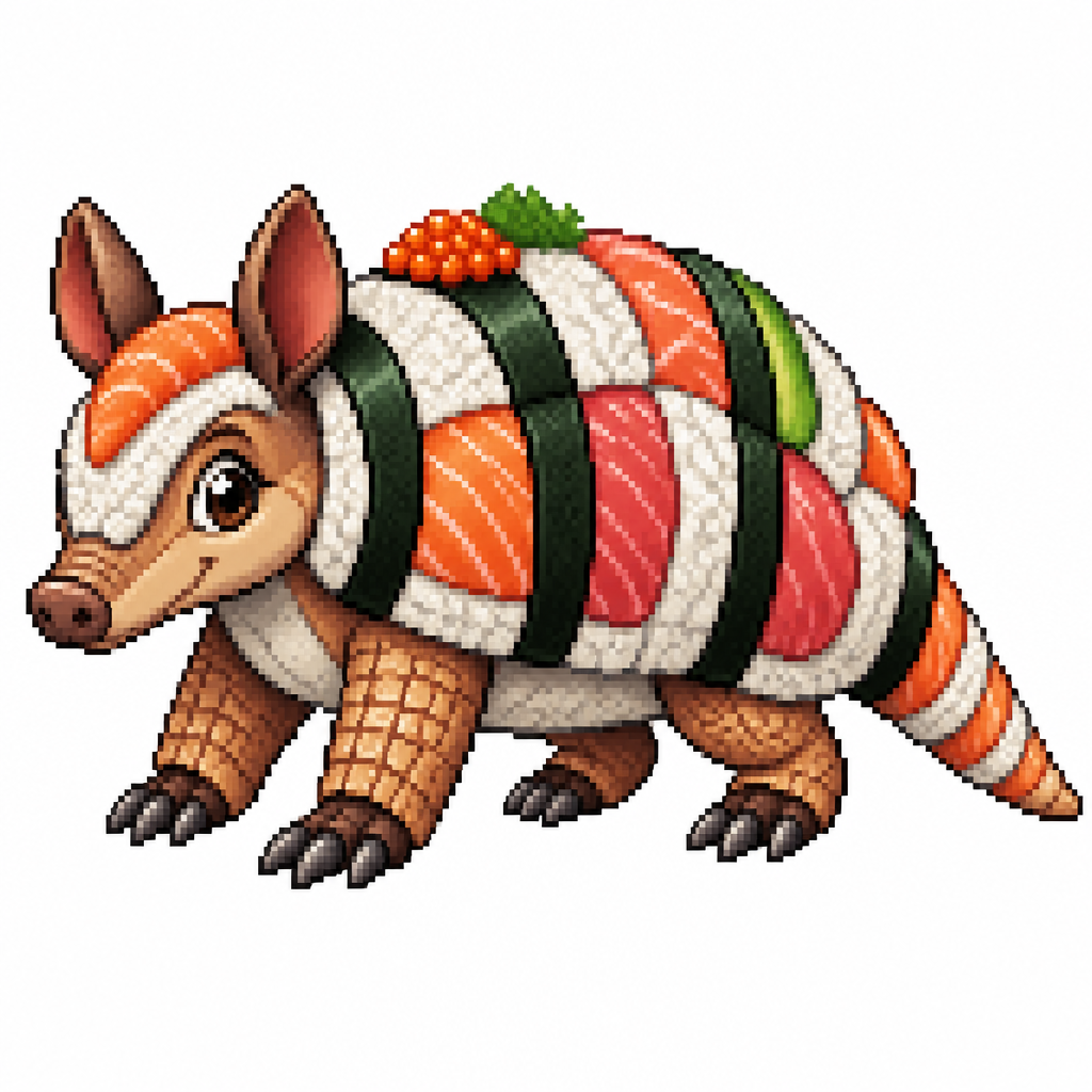 Cartoon sushi armadillo, full body, white background