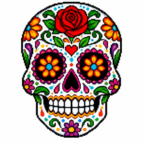 High contrast colorful dia de los muertos sugar skull on a white background 