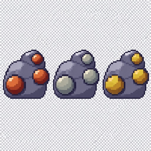 Pixel art sprite sheet of 3 game inventory icons in a row, each 32x32, on a transparent background, cozy charming style, chubby rounded shapes, crisp 1px dark outline, flat color bands with no gradients, no dithering, no anti-aliasing, no sparkle stars, no dot patterns, light coming from the top-left, darker lower-right side, one single-pixel shine on each nugget. Each icon is the same chunky grey stone boulder made of two rounded lumps (big lump at the bottom-left, smaller lump on the upper right) with a flat bottom, with three big round ore nuggets set into the rock, slightly bulging out past its edge, each sitting in a dark socket. Stone colors: outline #2a2740, shades #403b5c #5a5677 #7b7798 #a09cba, highlight #d0cee0. Icon 1, Copper Ore: nuggets #801b18 shadow, #ad3e23 mid, #e6783c light, #ffdab7 shine. Icon 2, Iron Ore: silver nuggets #747a85 shadow, #979e99 mid, #cecbb6 light, #e4e0ca shine. Icon 3, Sulfur: slightly angular yellow crystal nuggets #915b1c shadow, #bf9128 mid, #d9c23a light, #ffd26e shine. Use only these exact hex colors.