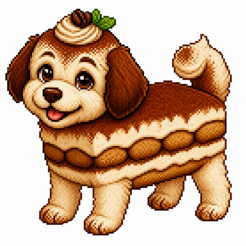 Cartoon tiramisu dog, full body, white background