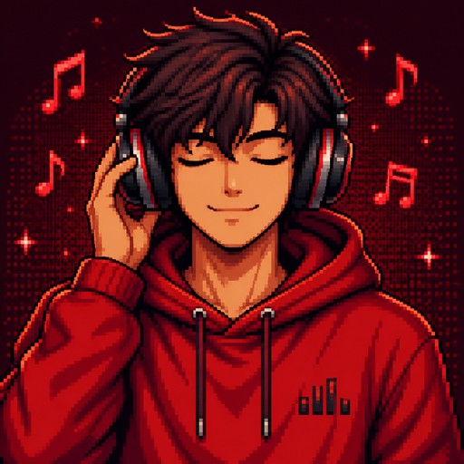 buatkan saya sebuah karakter setenag badan dengan warna utama merah, untuk karakternya yaitu seorang pria muda yang sedang mengenakan headphone di telinganya sambil mendengarkan music, untuk ekspresi karakternya itu sdeang tersenyum seperti menikmarti mendengarkan music, dan pria tersebut menggunakan hoodie berwarna merah, untuk karakternya itu menghadap lurus ke depan,