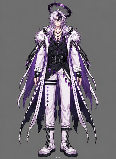 Pixel art of a person in a purple and white outfit standing against gray.