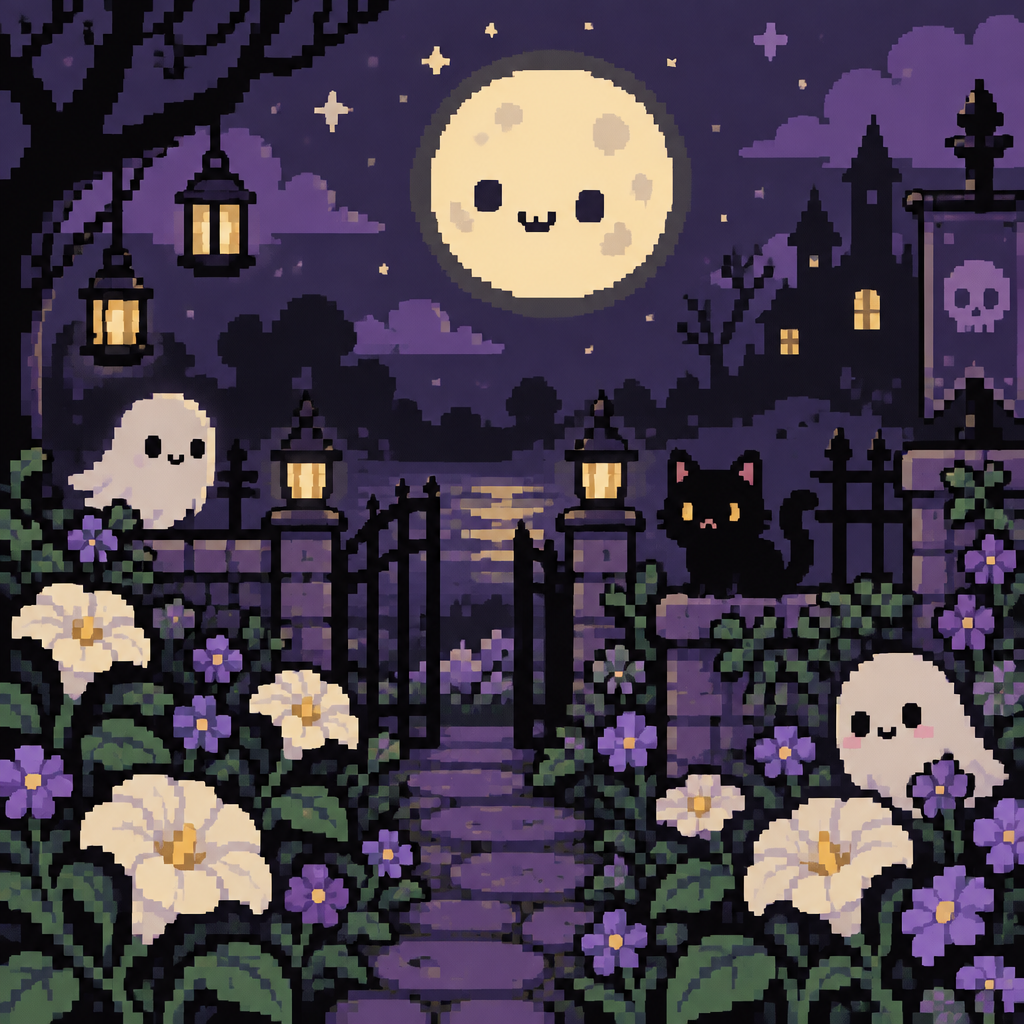 Spooky, cute kawaii moon flower garden