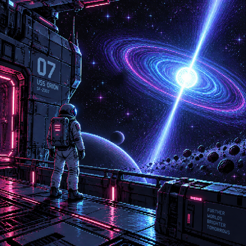 An astronaut stands on a starship exterior watching a pulsar star off in the distance