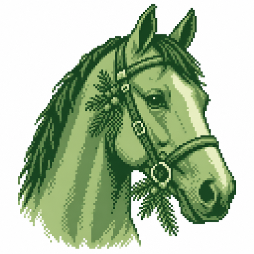 A horse head portrait wearing a bridle decorated with attached evergreen sprigs. White backgrounds.