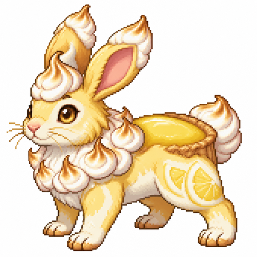 Cartoon lemon meringue pie rabbit (quadruped), full body, white background