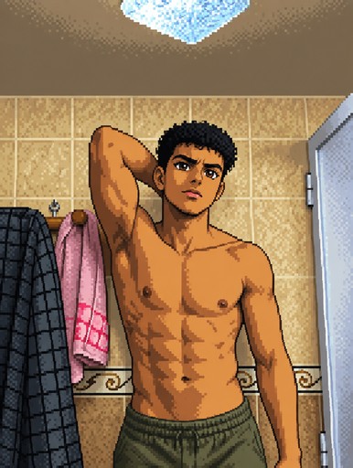 Pixel art of a shirtless person standing in a tiled bathroom with a towel rack