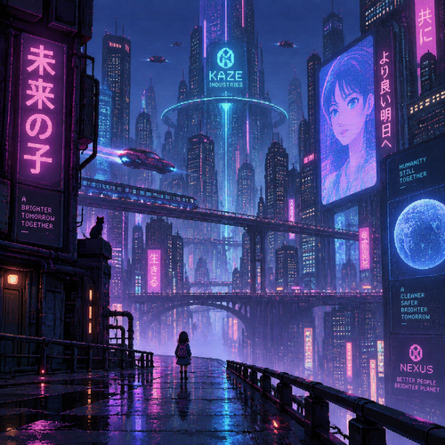 A small girl walks in a huge future city from a distance 