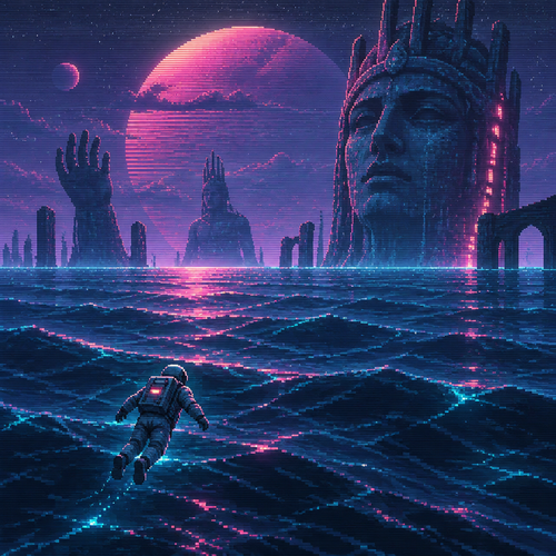 Seen from a distance, an astronaut floats in an alien ocean with huge statues coming out of the ocean in the distance