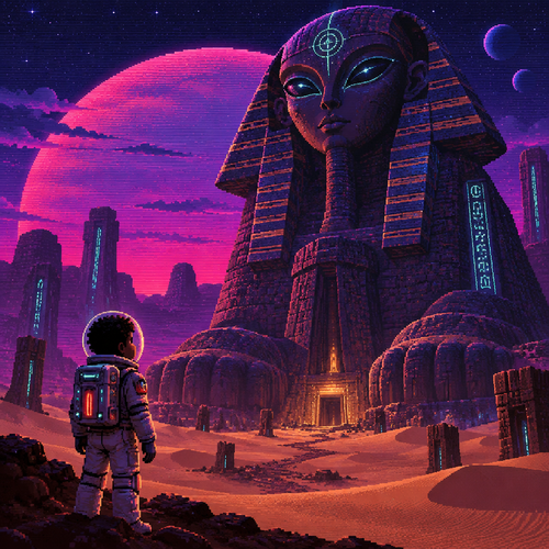 A young teen astronaut with brown skin is looking up at a huge alien sphinx statue in the desert 