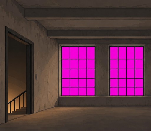 Pixel art room with glowing pink grid windows and an open doorway at dusk