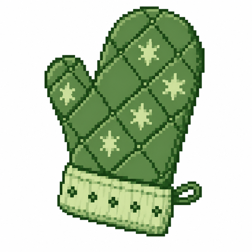 A quilted Christmas oven mitt with stitched stars and a contrasting cuff. White background 