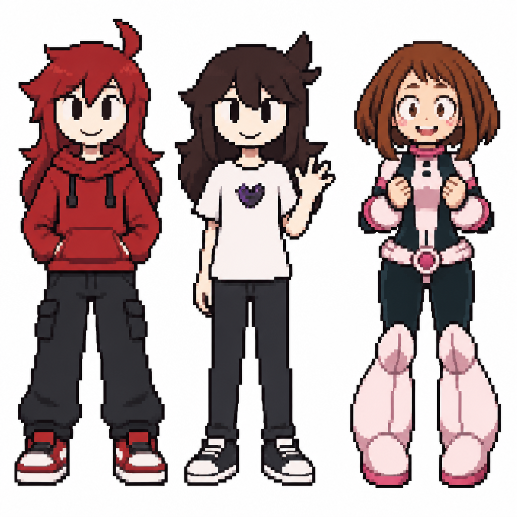 Jaiden animations but with the clothes and hair of the character original character red boy, full body front perspective and ochako uraraka