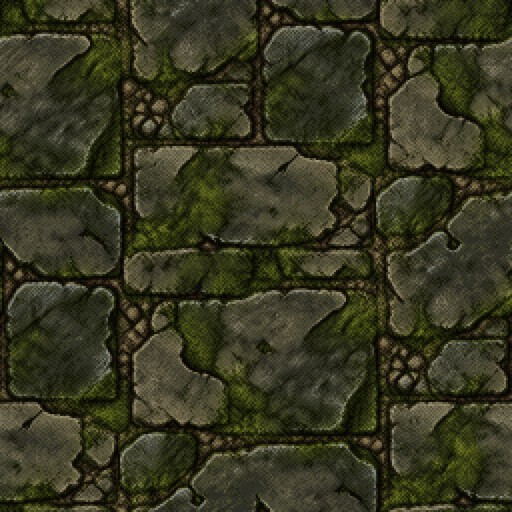 A tileable 48x48 pixel grid. The surface is made of large, weathered flagstones, slick with deep green moss and patches of glistening, dark algae. Cracks are filled with crumbling mortar and dirt. The texture should be gritty and ancient, with careful color-cycling for shadows and deep, earthy tones like charcoal gray, forest green, and murky brown. Perfectly seamless and repeating.
