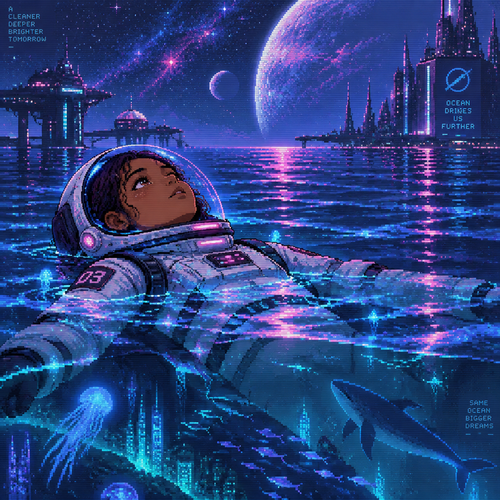 A young teen girl astronaut with brown skin is floating on her back in a futuristic ocean looking towards the sky