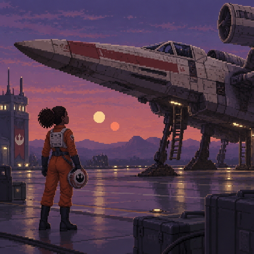 A young girl star fighter (with dark skin)pilot looks up at her starship from a distance