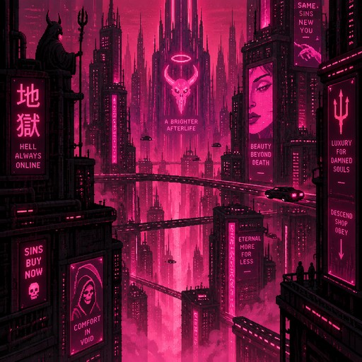 The underworld but cyber punk themed, only high buildings and neon publicity sings, neon pink ambience and, 2d artwork