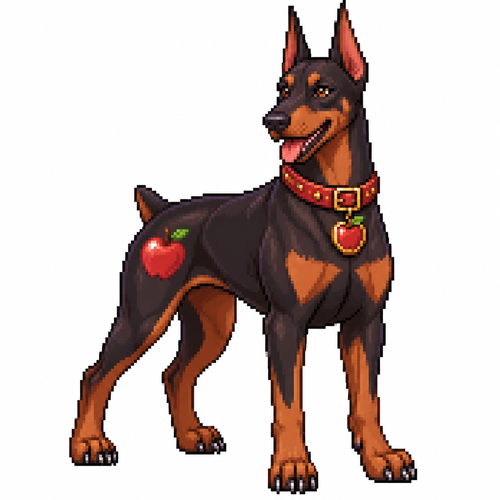 Cartoon apple doberman, full body, white background