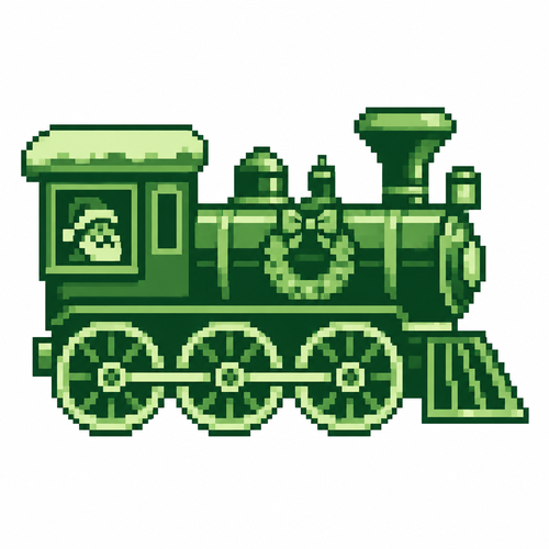 A Christmas train engine with three large wheels. White background 