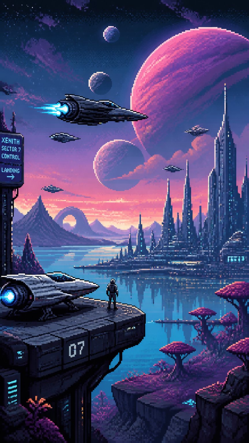 Pixel art sci-fi landscape with flying craft, towers, water, and pink planets.