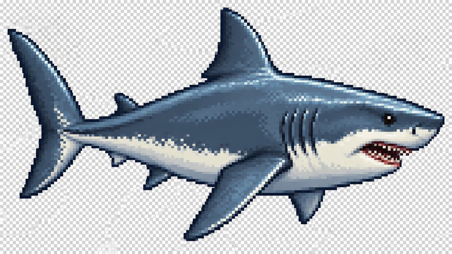 Create a 2D pixel art sprite of a great white shark for a cozy fishing game.
Style: retro pixel art, crisp edges, transparent background, side view, facing right.
Design: recognizable great white shark body, large dorsal fin, grey-blue back, pale belly, strong silhouette, slightly dangerous but still game-friendly.
Make it clean and readable as a sprite.
No text, no frame, no background scenery, no UI.
Transparent background only.