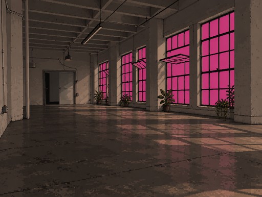 Pixel art of an empty industrial room with pink windows and potted plants.