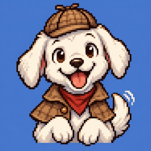 Create a 16-bit retro pixel art character sprite for a detective adventure game. A cute white puppy assistant with a big goofy smile, floppy ears and a wagging tail. Front-facing, waist-up pose, inspired by classic 16-bit console games. Crisp individual square pixels, limited colour palette, clean pixel clusters, simple shading and dark pixel outlines. No smooth gradients, no 3D rendering, no text. Keep the character centred on a plain background.