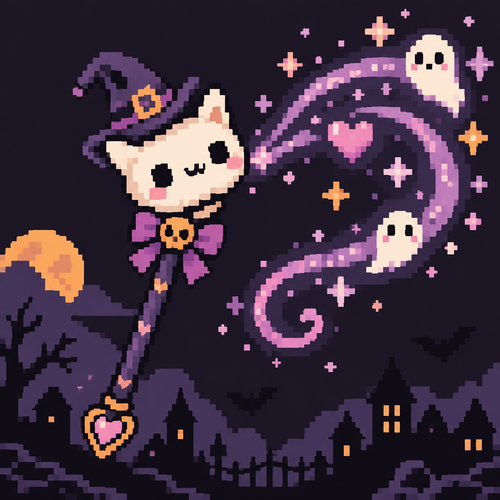 Cute kawaii spooky wand casting a magical spell 