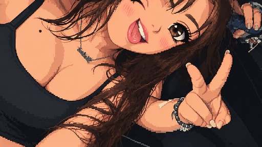 Pixel art of a person making a peace sign in a black outfit.