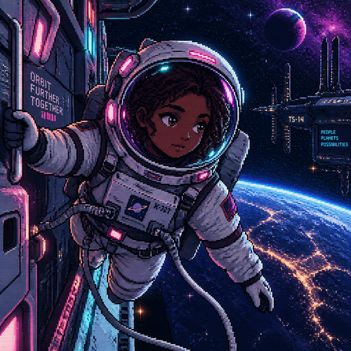 Young girl astronaut with dark skin is on a spacewalk outside her ship