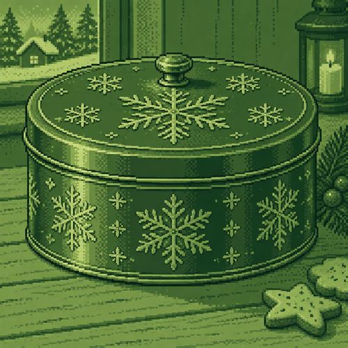 A lidded Christmas biscuit tin with embossed snowflakes and realistic metal texture.