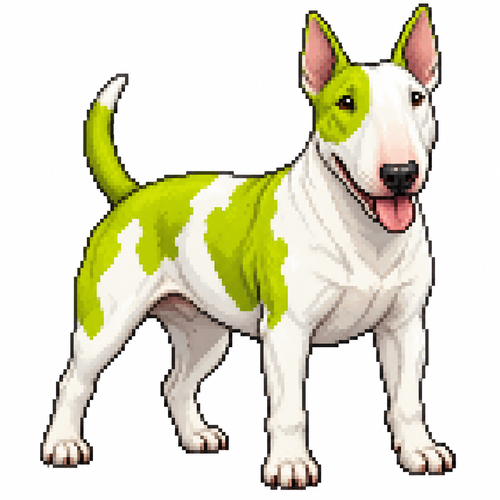 White and chartreuse cartoon bull terrier, full body, white background