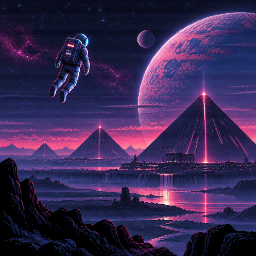 Astronaut floats above alien pyramids from a distance