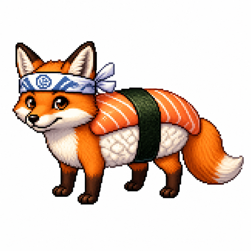 Cartoon sushi fox (quadruped), full body, white background