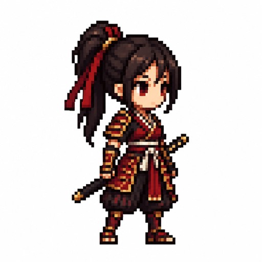 Make me a video game character 64x64 dimensions big head sort of like old super Mario brother type female samurai with a slender katana at her side through background just the character
