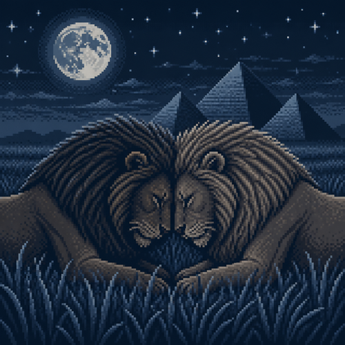 two lions facing each other lying in tall grass, heads lowered and touching, forming a mirrored heart-like shape with their manes, deep moonlit blue-grey night tones, pyramids in the background distance , stylized angular fur texture, star-like light flecks scattered across the dark background, tranquil intimate atmosphere, 16-bit pixel art, dithered shading, limited color palette, hard pixel edges, retro game aesthetic, cinematic framing